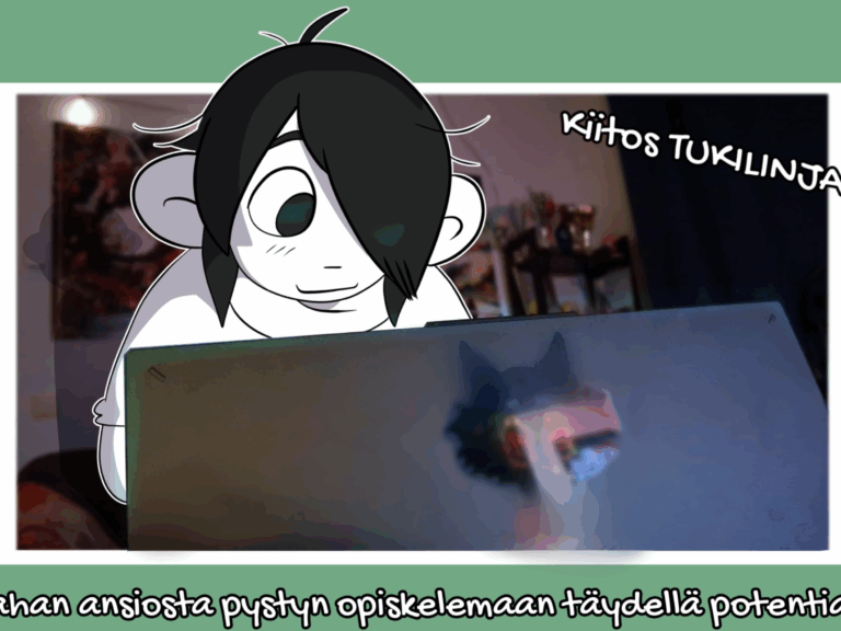 Piirroskuva, jossa anime-tyylinen hahmo on tietokoneella.