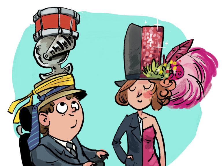 Kuvituskuva, jossa nainen ja mies ovat pukeutuneet erikoisin päähinein.
