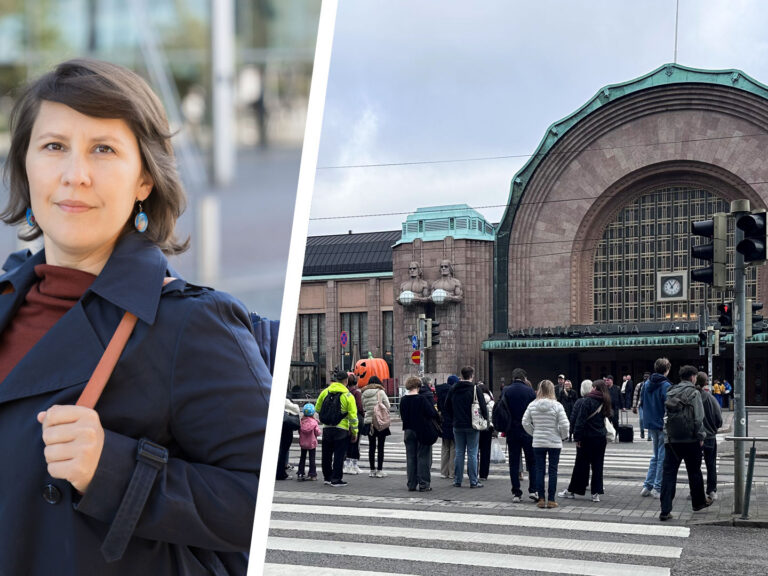 Kuvapari, jossa vasemmalla Veera Florican potrettikuva ja oikealla suojatieristeys Helsingin rautatieaseman edestä.